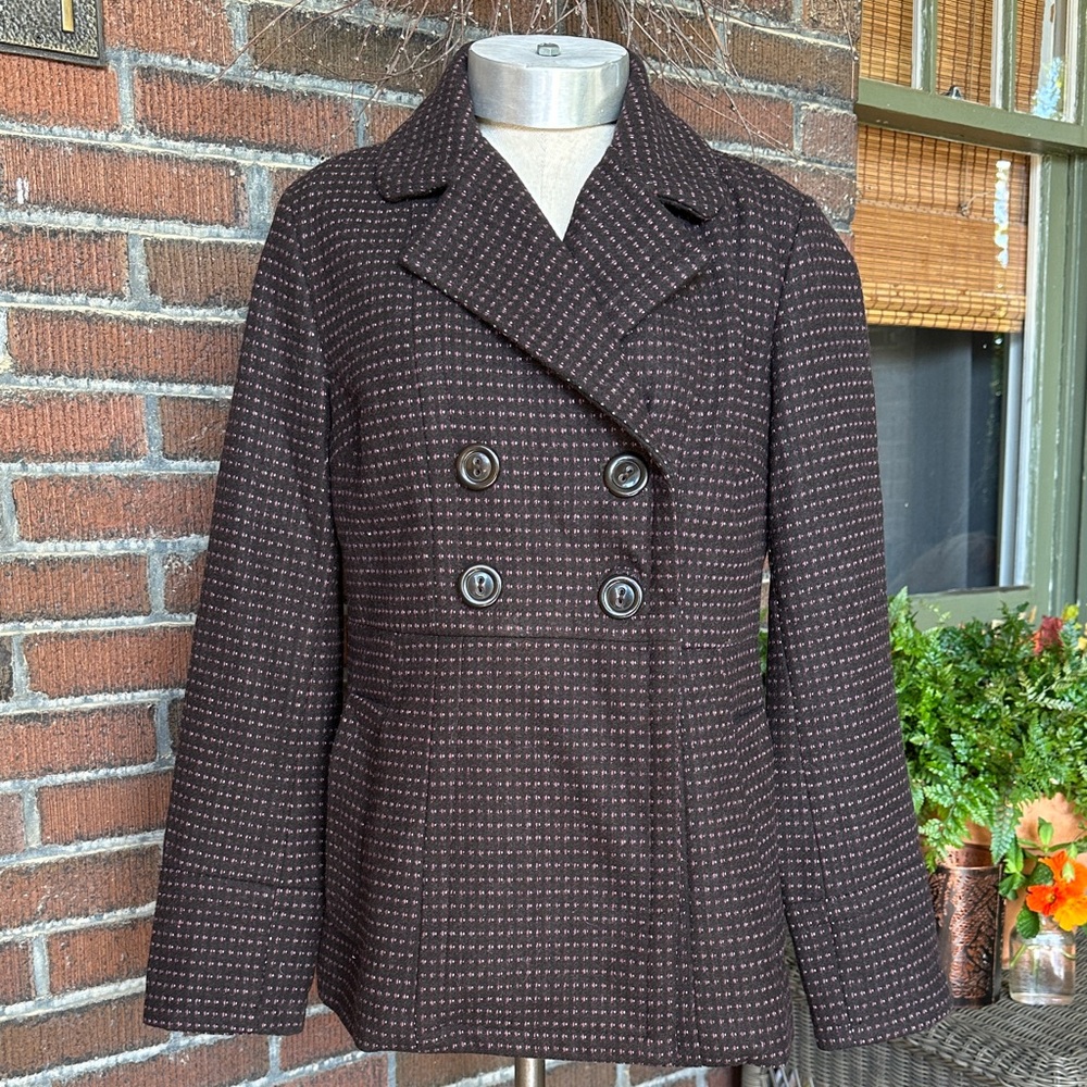 Banana Republic double breasted wool blend brown/pink tweed pea coat. Sz Small